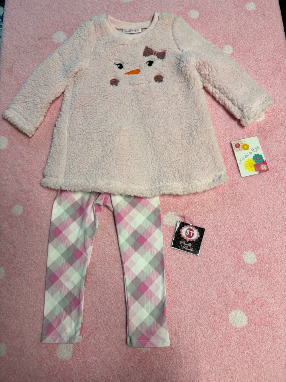 Jessica Ann Pink Plush Top & Pink Plaid Leggings Kids Matching Set